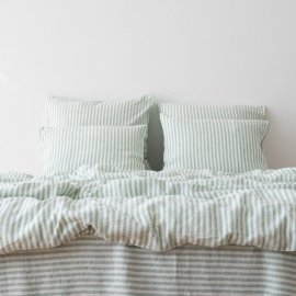 Myntefarvet sengesæt i hør, forvasket, Ticking Stripe