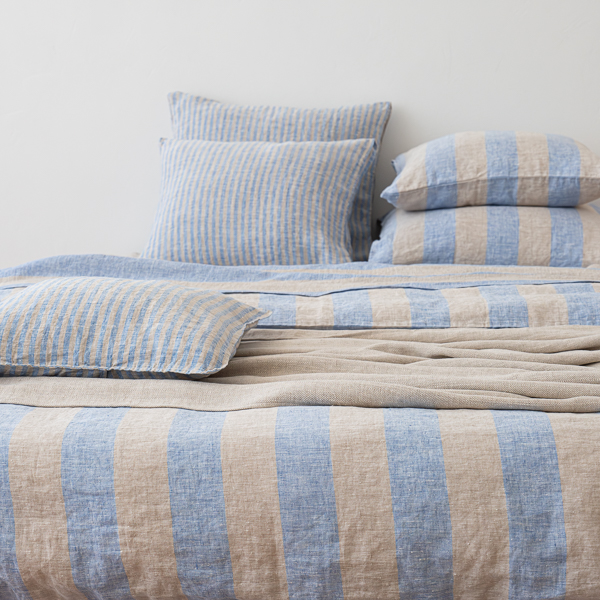 Linen Bedding Stripes Blue Natural