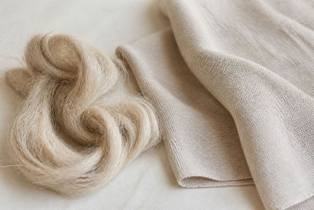 Naturlige hørfibre ved siden af vævet ufarvet hør
