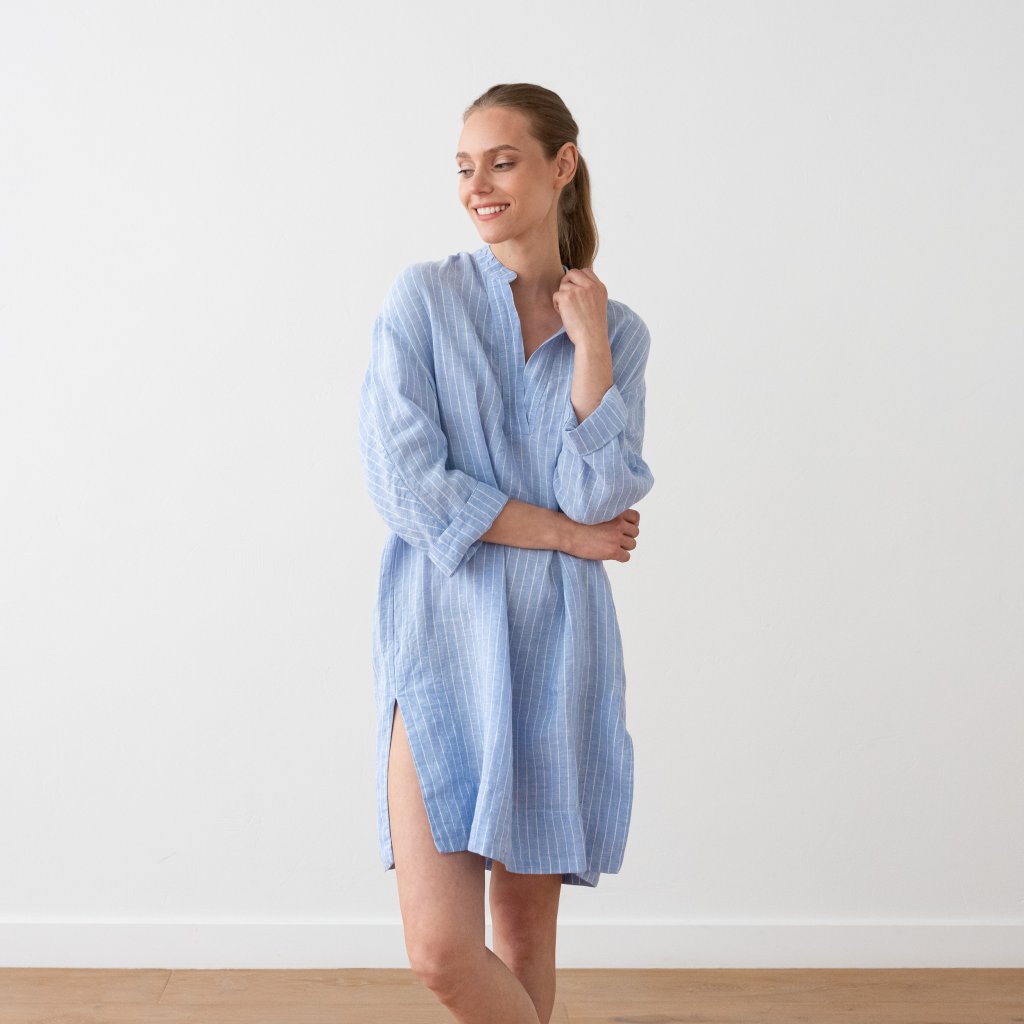 Tunikakjole i hør, lyseblå, Noa Large Stripe<br />