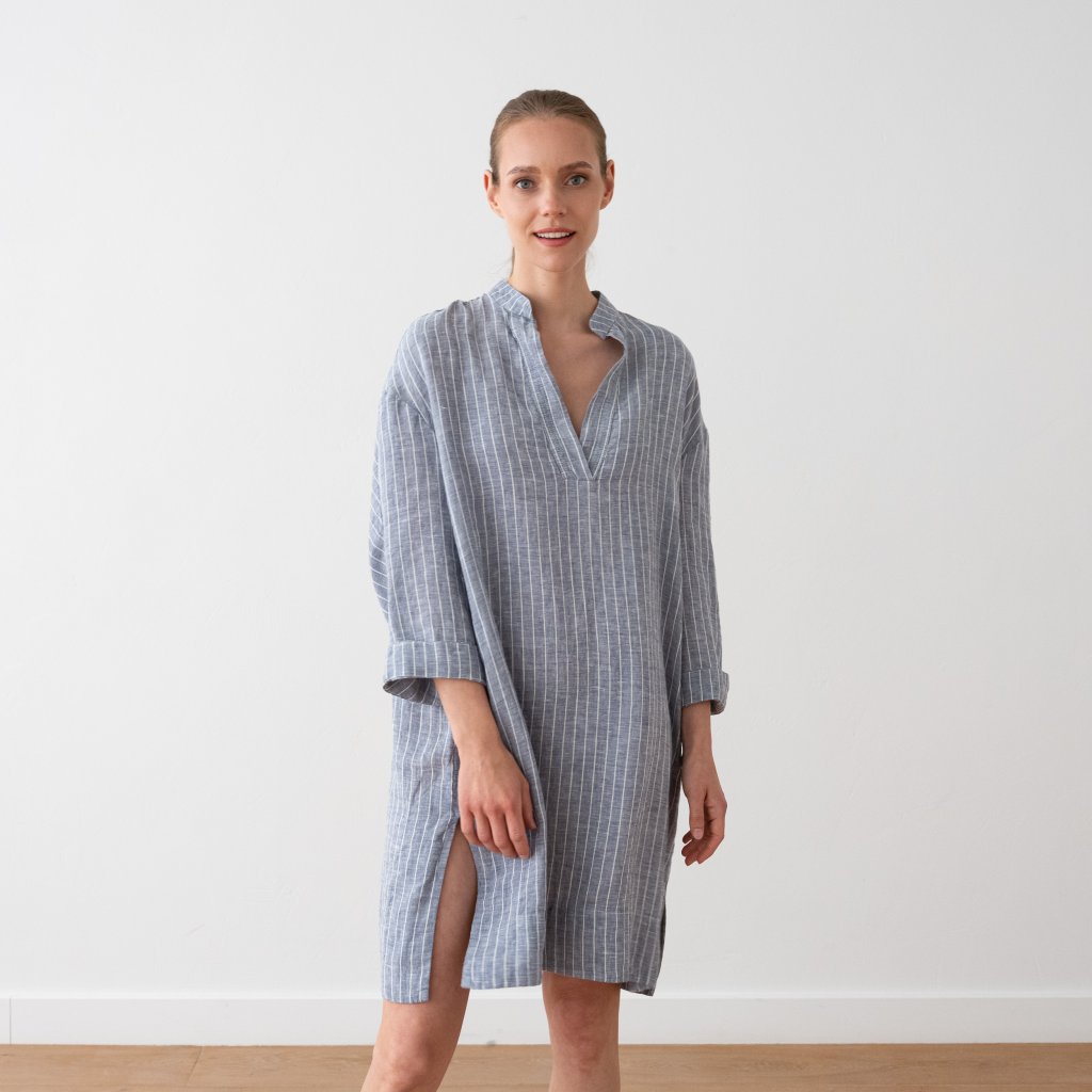Tunikakjole i hør, marineblå , Noa Large Stripe<br />